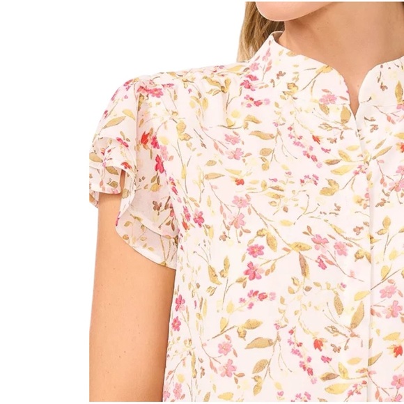 CeCe Sz Small Pink Floral Double Flutter Ruffle Sleeve Button Front Blouse Top - Picture 2 of 12